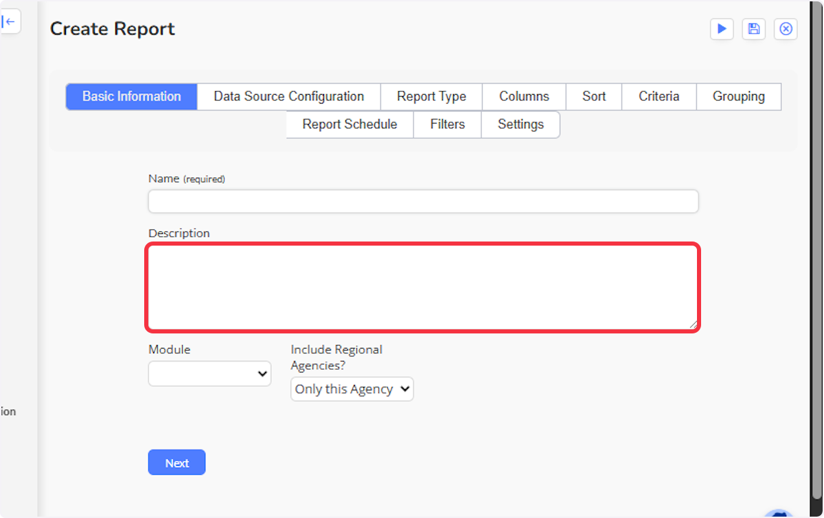 The next step is to give your report a description. This is not required and more detail about the report can be added later. 