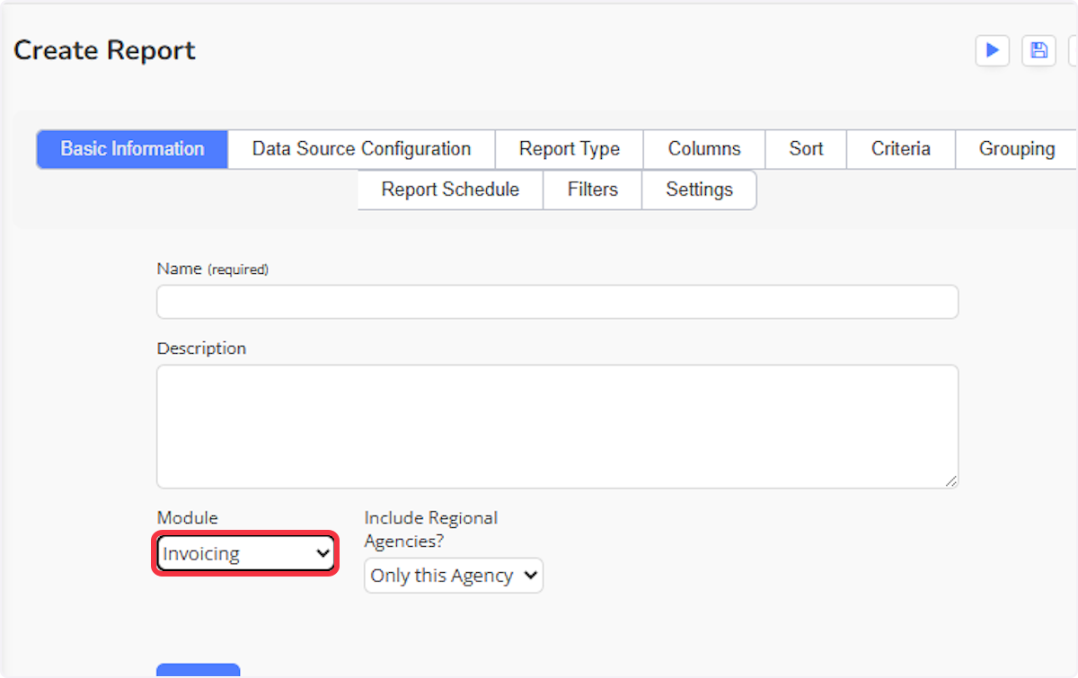 Select the module you are associating this report with. It is used as a tagging field for searching later. 