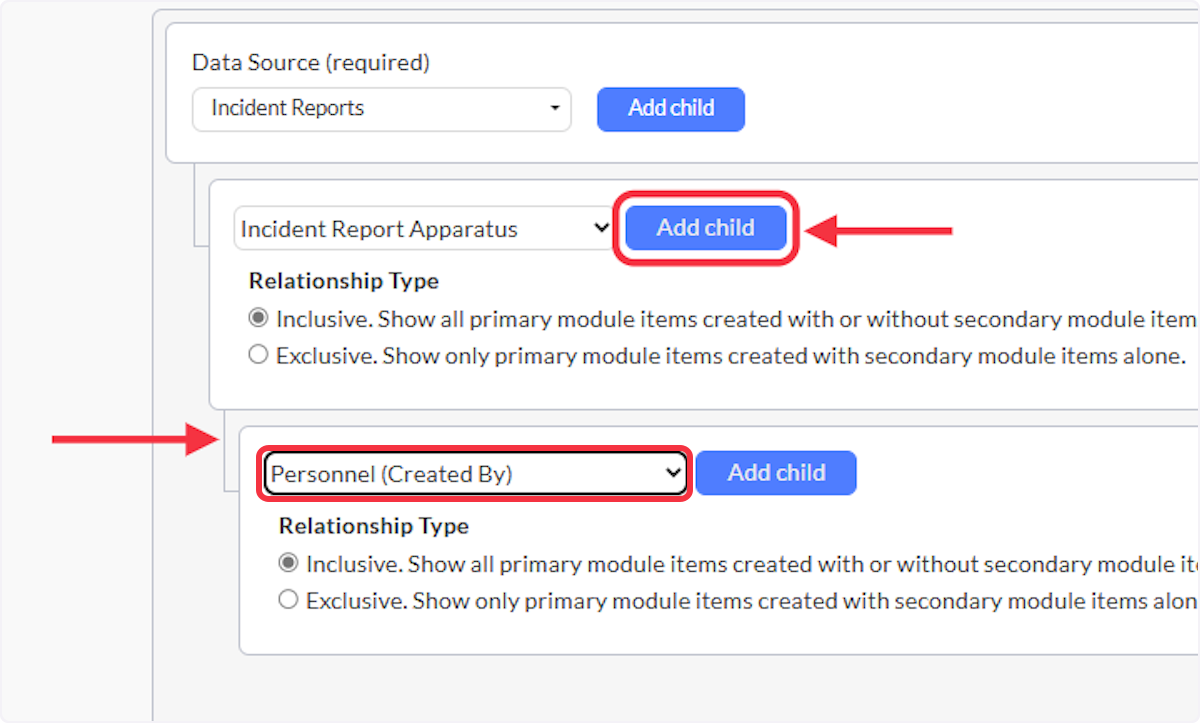 You can also add child data fields from the first child field by clicking the Add Child button next to the child data field. Notice the grey line has moved and links the new child field as a subset of the first child field. 