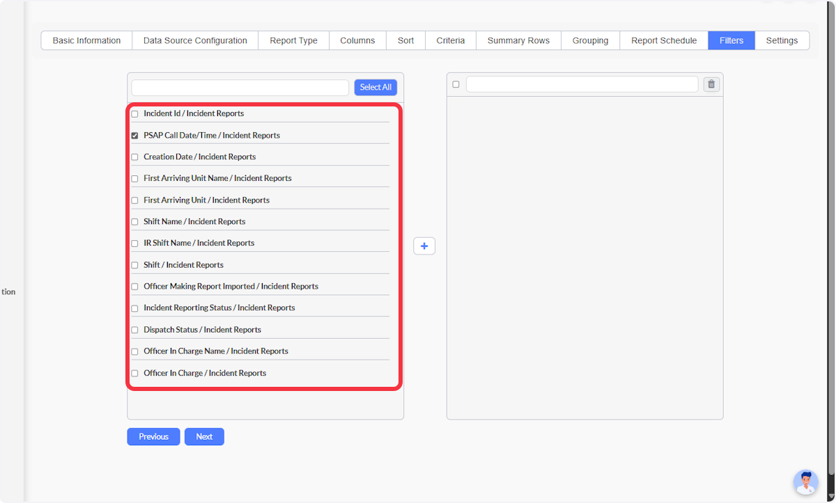 All of the Data Fields from your originally selected Data Source Configuration are available to use as a Filter.