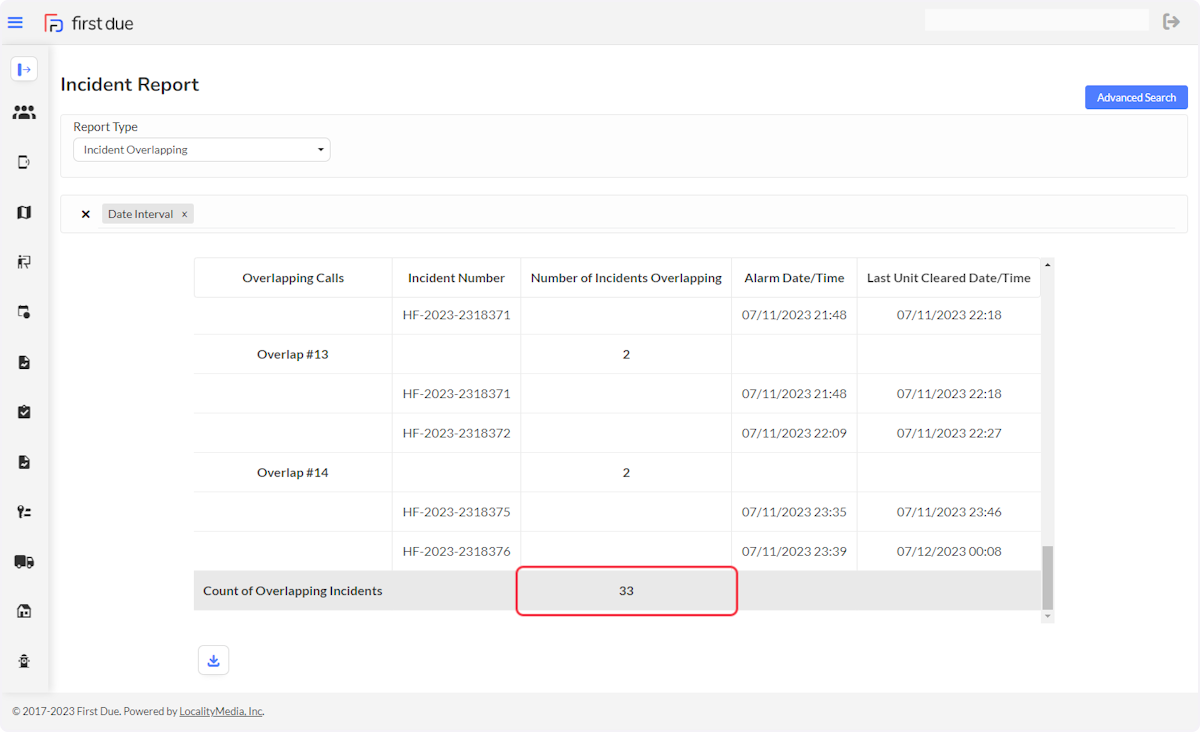 At the bottom of the report, a total count of incidents involving overlap within the defined date interval is displayed. 