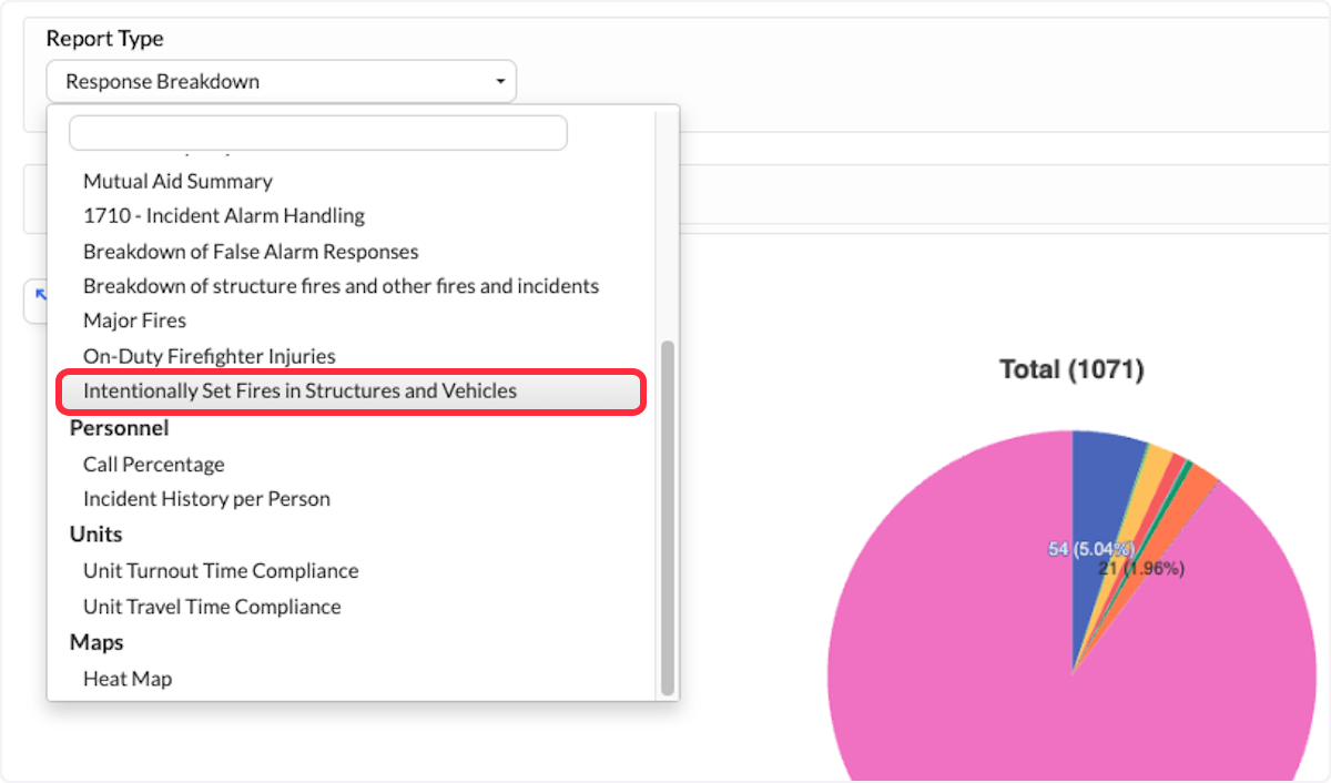 Change the Report Type to Intentionally Set Fires in Structures and Vehicles.
