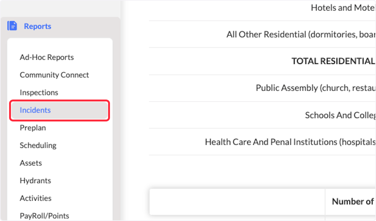 Within the Reports Module, click on Incidents.