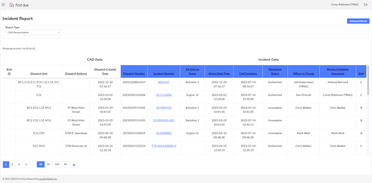 The report is broken down by a section on the left and right. The section on the left contains CAD information and has a white header. The Incident Data on the right is signified by the blue header. 