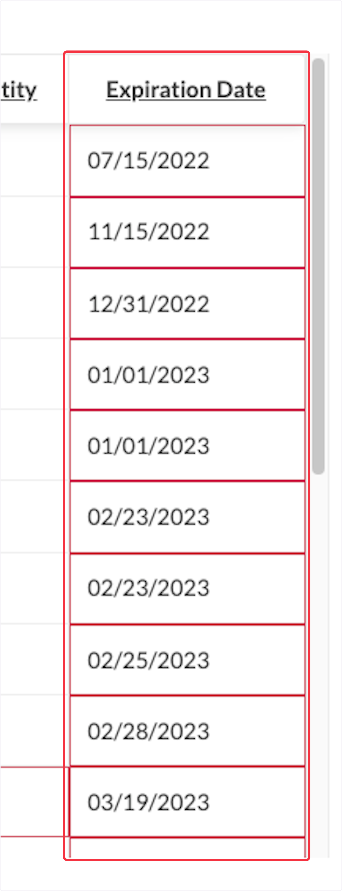 Items with an approaching or past Expiration Date will highlight in red. 