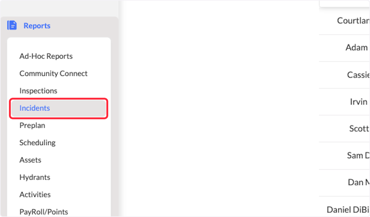Within the Reports Module, click on Incidents.