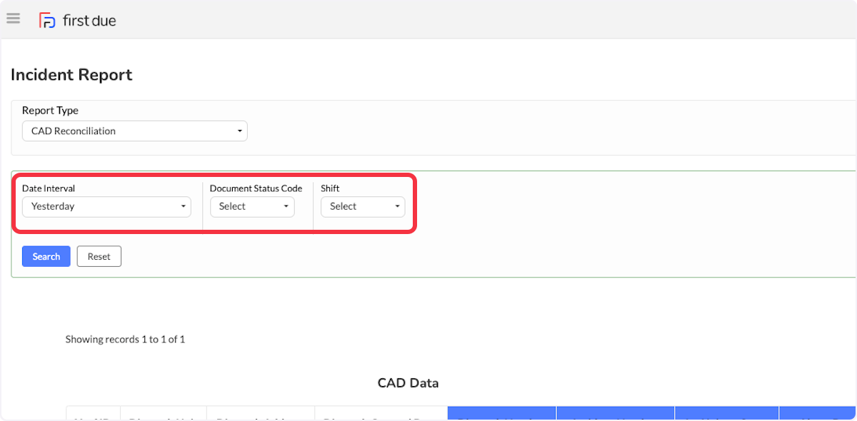 Filters are available for Date Interval, Document Status Code, and Shift. 