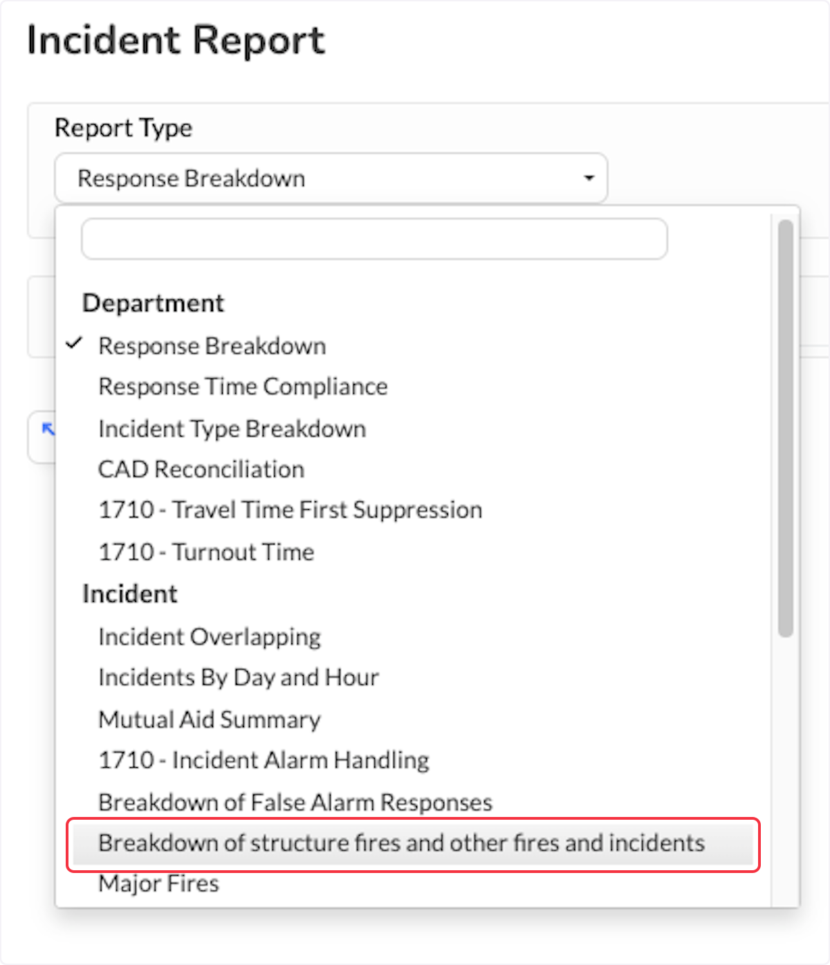 Click on Breakdown of structure fires and other fires and incidents.
