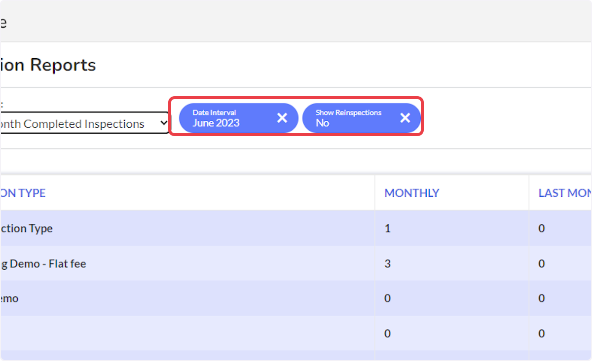 The default view displays initial inspections for the previous full calendar month.