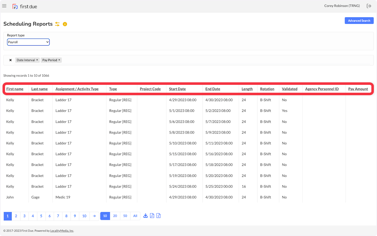 Headers can be seen at the top of the report and columns can be sorted alphanumerically by clicking on any header. 