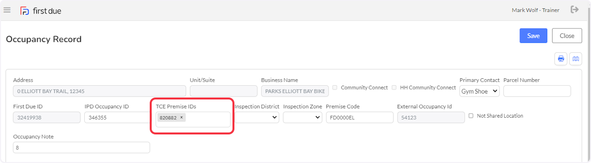 TCE Premise ID field in top section of the Occupancy Record.