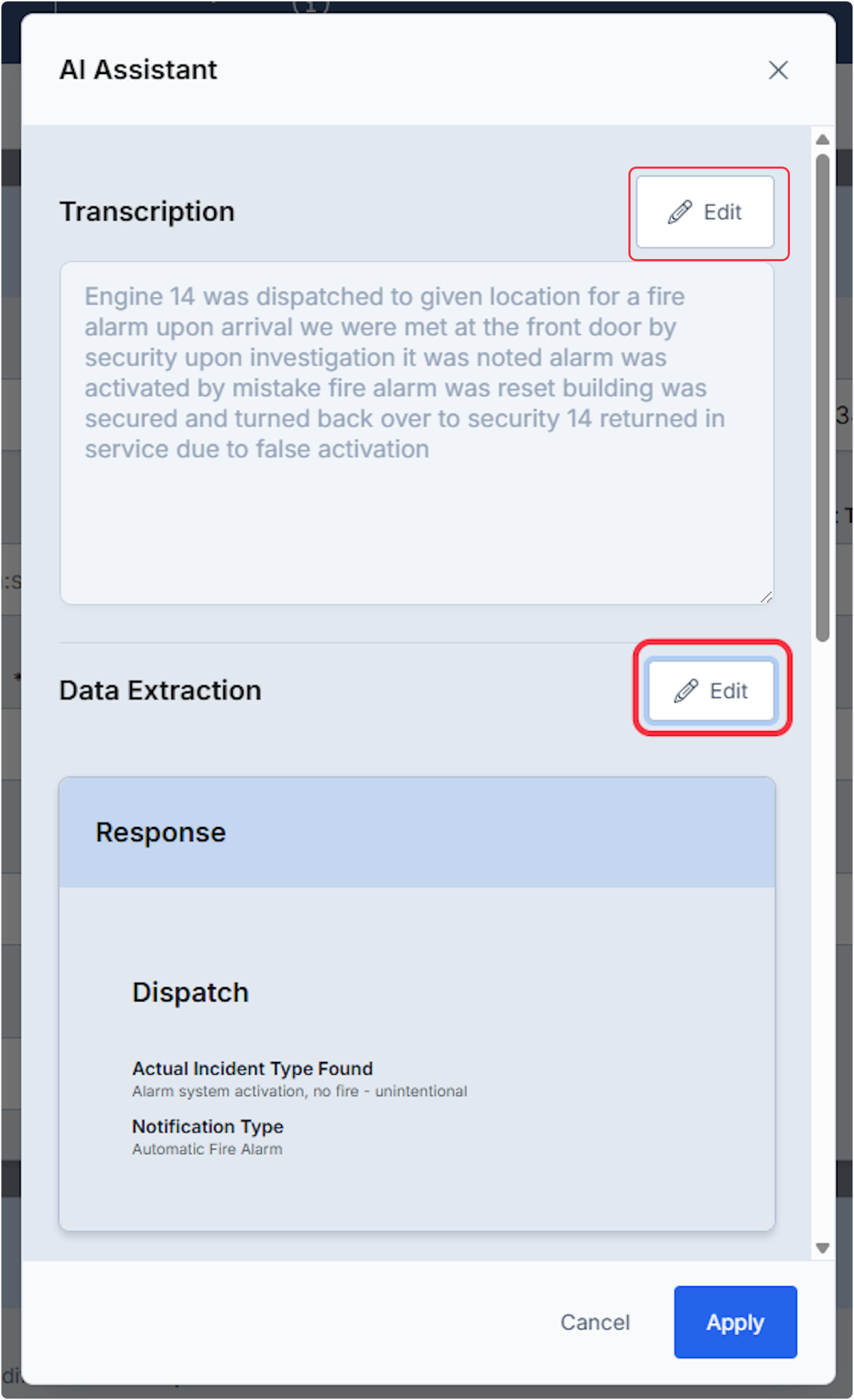 After reviewing you are able to make changes to the Transcription or the Data Extraction fields by selecting the Edit button.