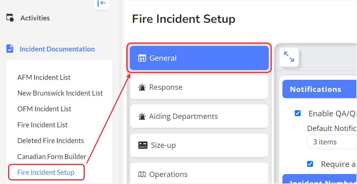 From the Fire Incident Setup within Incident Documentation select the General category.