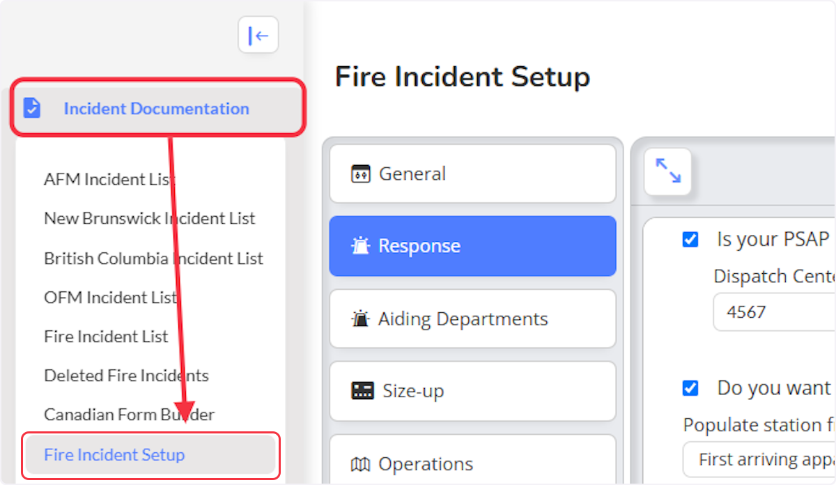 Begin by navigating to the Incident Documentation module and selecting Fire Incident Setup.