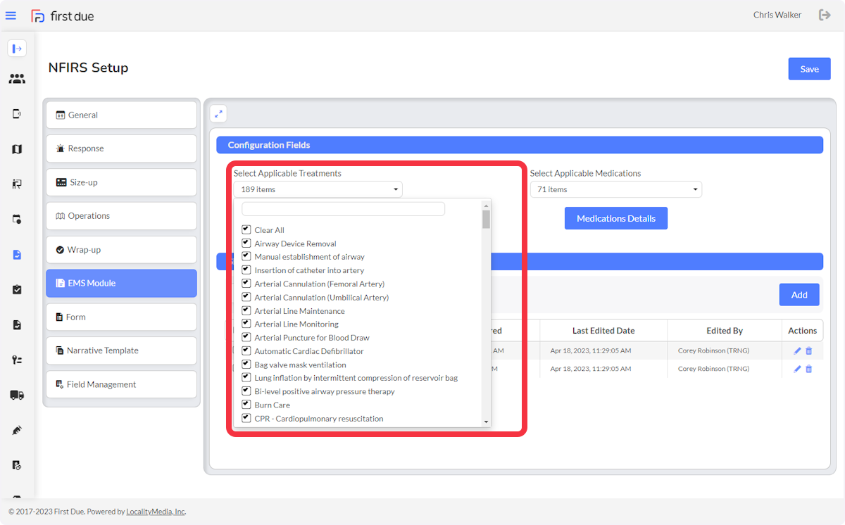 Use the dropdown menu to select applicable treatments.