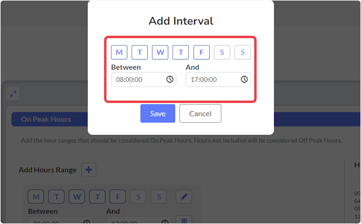 Select the days of the week by clicking on each day. Enter the peak hours range.