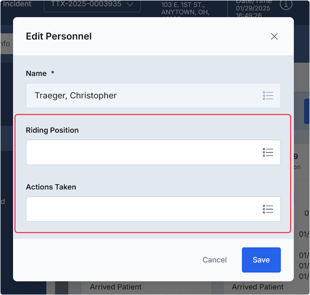  When editing personnel you can choose their riding position along with what actions were taken by that individual.
