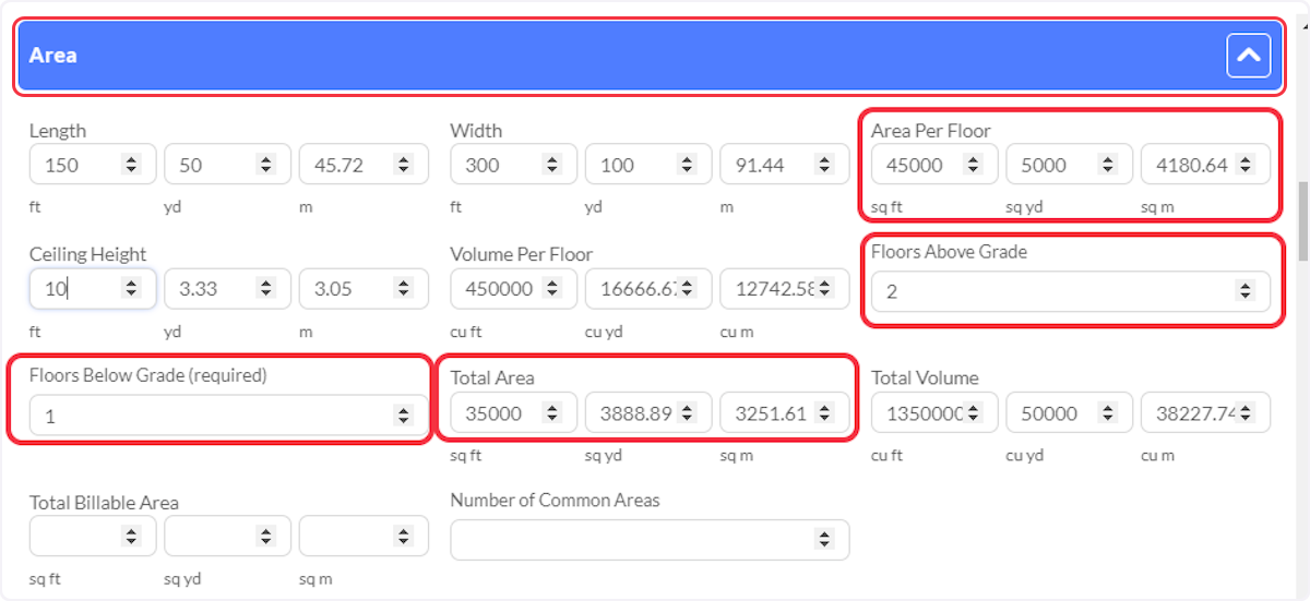 Click on Area and enter data into the Area Section.