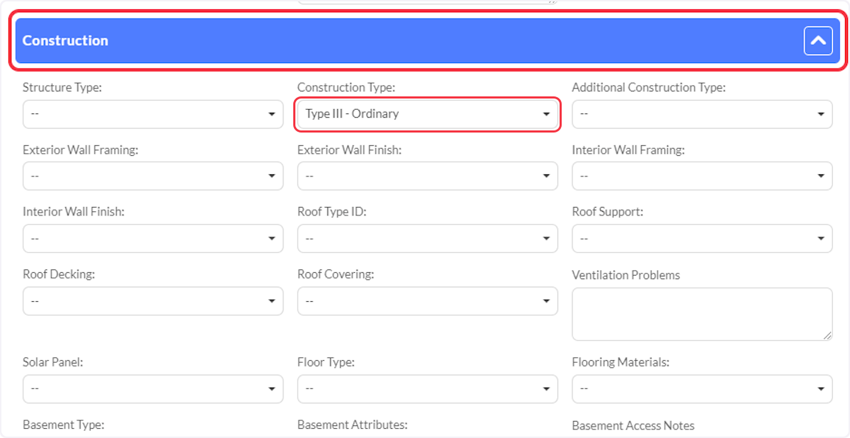 Click on Construction and select the appropriate Construction Type.